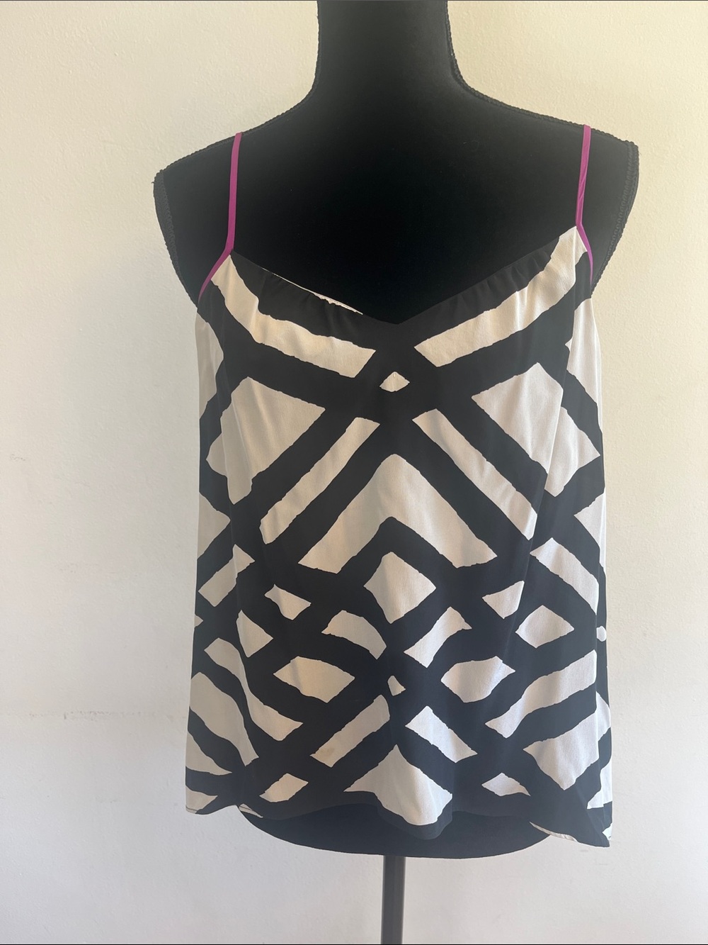Ecote Black & White Geometric Silk Camisole with Pink Straps